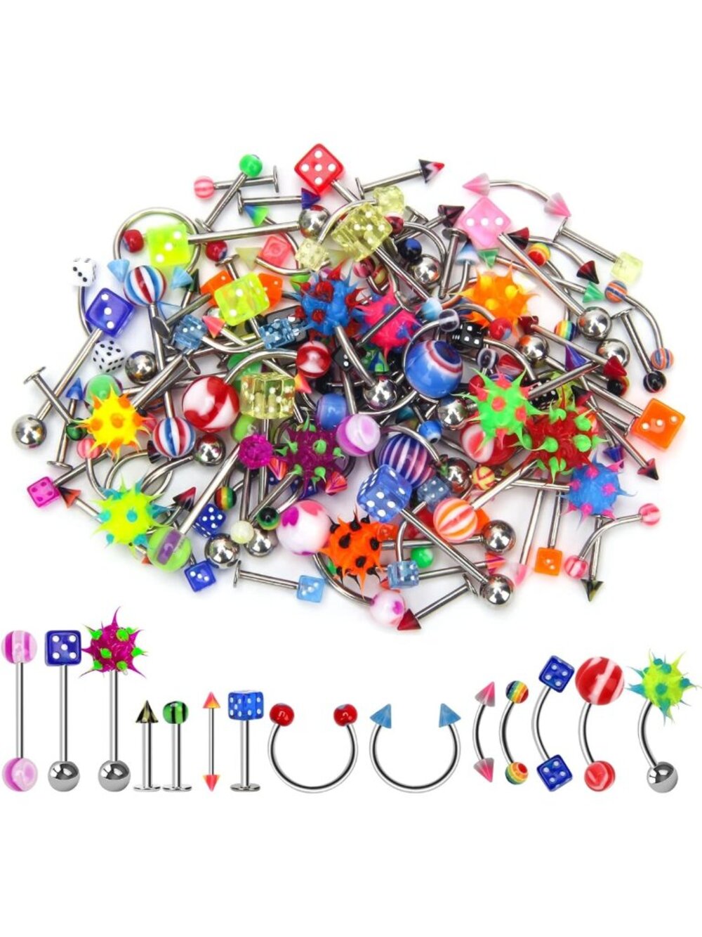 Lot of 110 Body Jewelry Piercings - Eyebrow, Navel, Belly, Tongue & Lip Rings